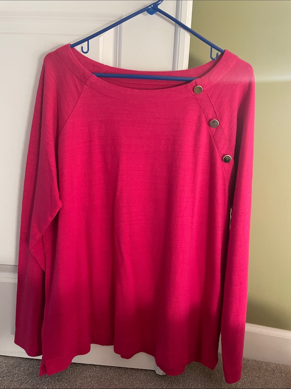 LOFT Bright Fuchsia Button-Shoulder Long Sleeve Top NWOT